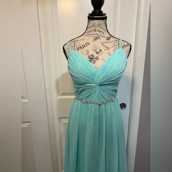 NWOT David’s Bridal Aqua with Rhinestone Belt Bridesmaid Dress - Picture 3 of 16